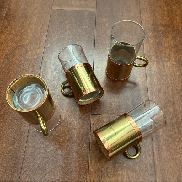 Vintage Beucler Irish Turkish Coffee Espresso Cups, Glass Copper Brass, Set of 4 - Picture 2 of 15